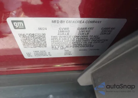 2025 Chevrolet Trax Fwd 2Rs z USA, uszkodzony, nr VIN KL77LJEP2SC093894